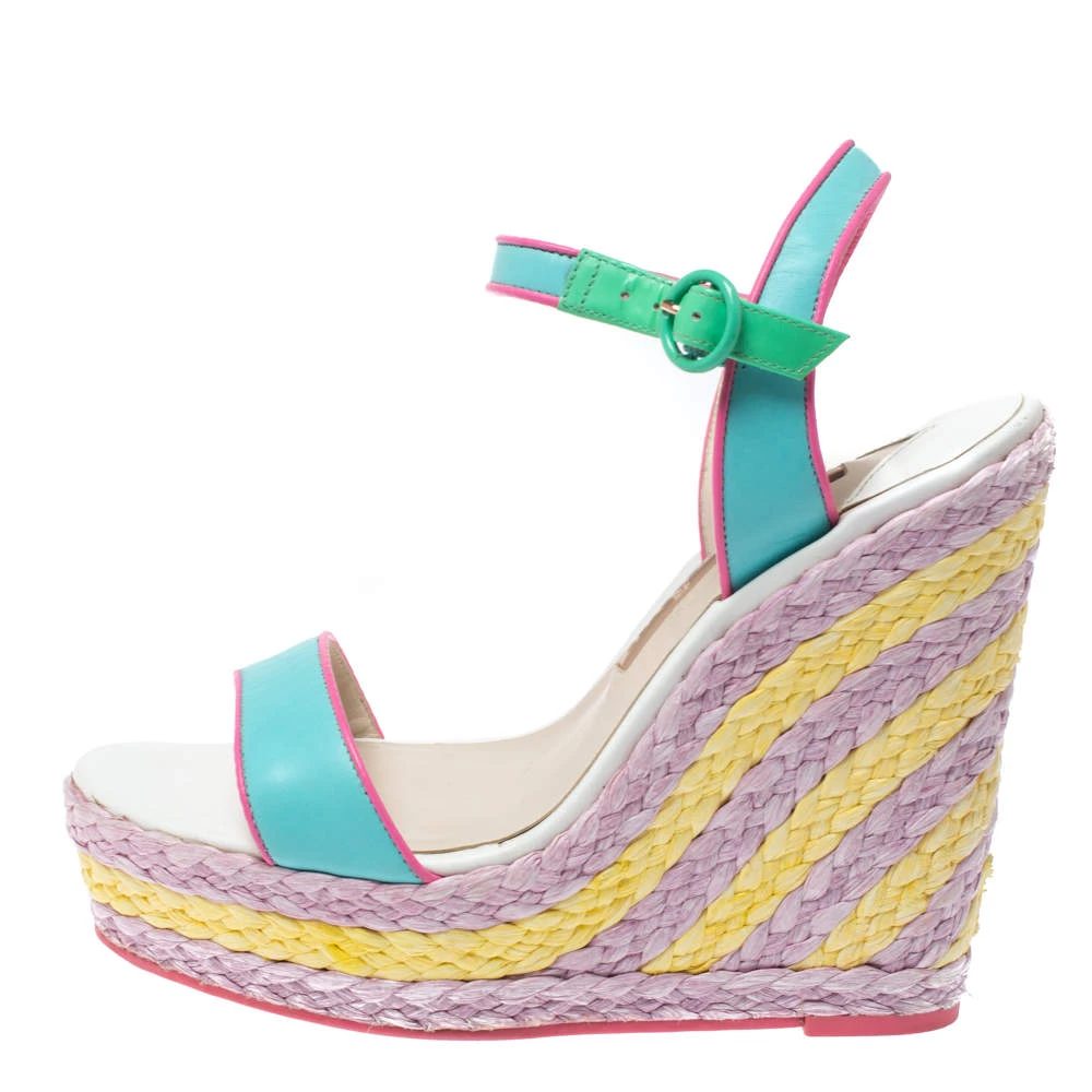Sophia Webster Multicolor Leather Lucita Raffia Wedge Platform Ankle Strap Sandals Size 38 For Women - Image 2