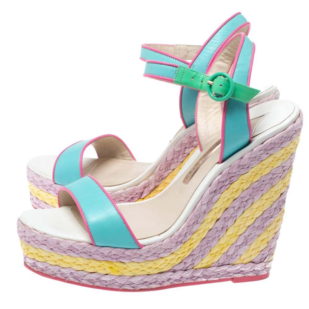 Sophia Webster Multicolor Leather Lucita Raffia Wedge Platform Ankle Strap Sandals Size 38 For Women - Image 4
