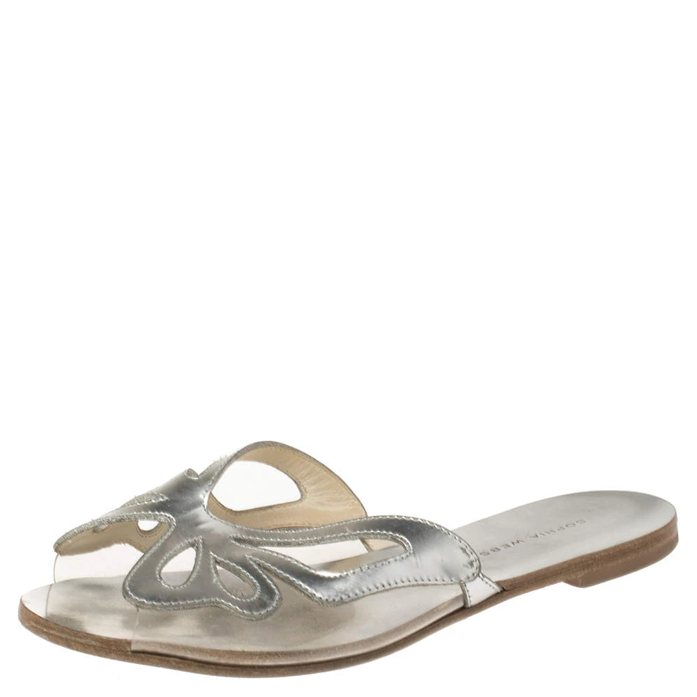 Sophia Webster Silver Leather And PVC Madame Butterfly Flat Slides Size 35.5 For Women