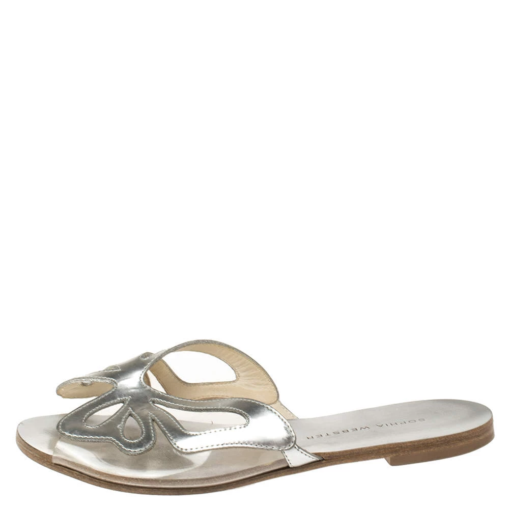 Sophia Webster Silver Leather And PVC Madame Butterfly Flat Slides Size 35.5 For Women - Image 2