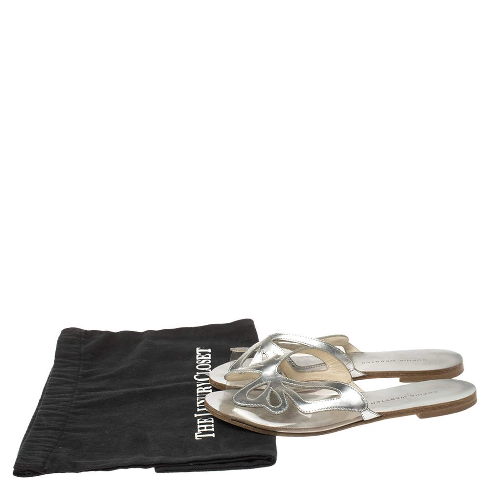 Sophia Webster Silver Leather And PVC Madame Butterfly Flat Slides Size 35.5 For Women - Image 8