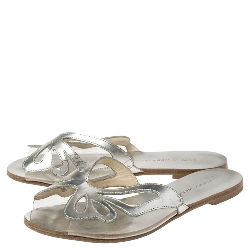 Sophia Webster Silver Leather And PVC Madame Butterfly Flat Slides Size 35.5 For Women - Image 4