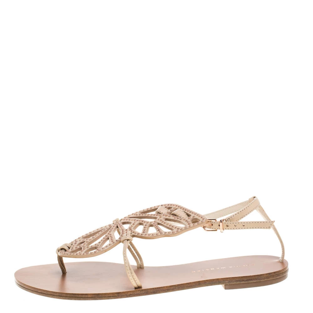 Sophia Webster Beige Leather Studded Butterfly Flat Sandals Size 39 For Women - Image 2