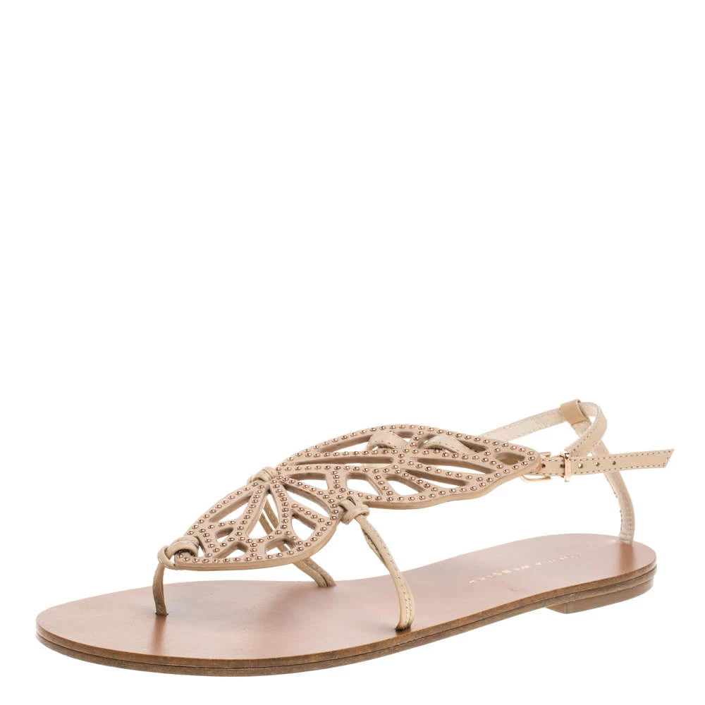 Sophia Webster Beige Leather Studded Butterfly Flat Sandals Size 39 For Women