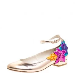 Sophia Webster Metallic Bronze Leather Floral-Applique Ankle-Strap Ballet Flats Size 38 For Women