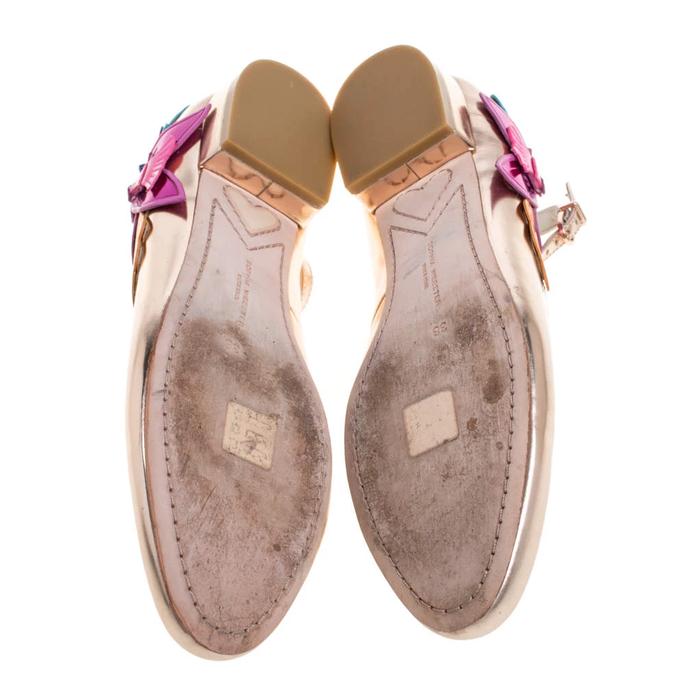 Sophia Webster Metallic Bronze Leather Floral-Applique Ankle-Strap Ballet Flats Size 38 For Women - Image 6