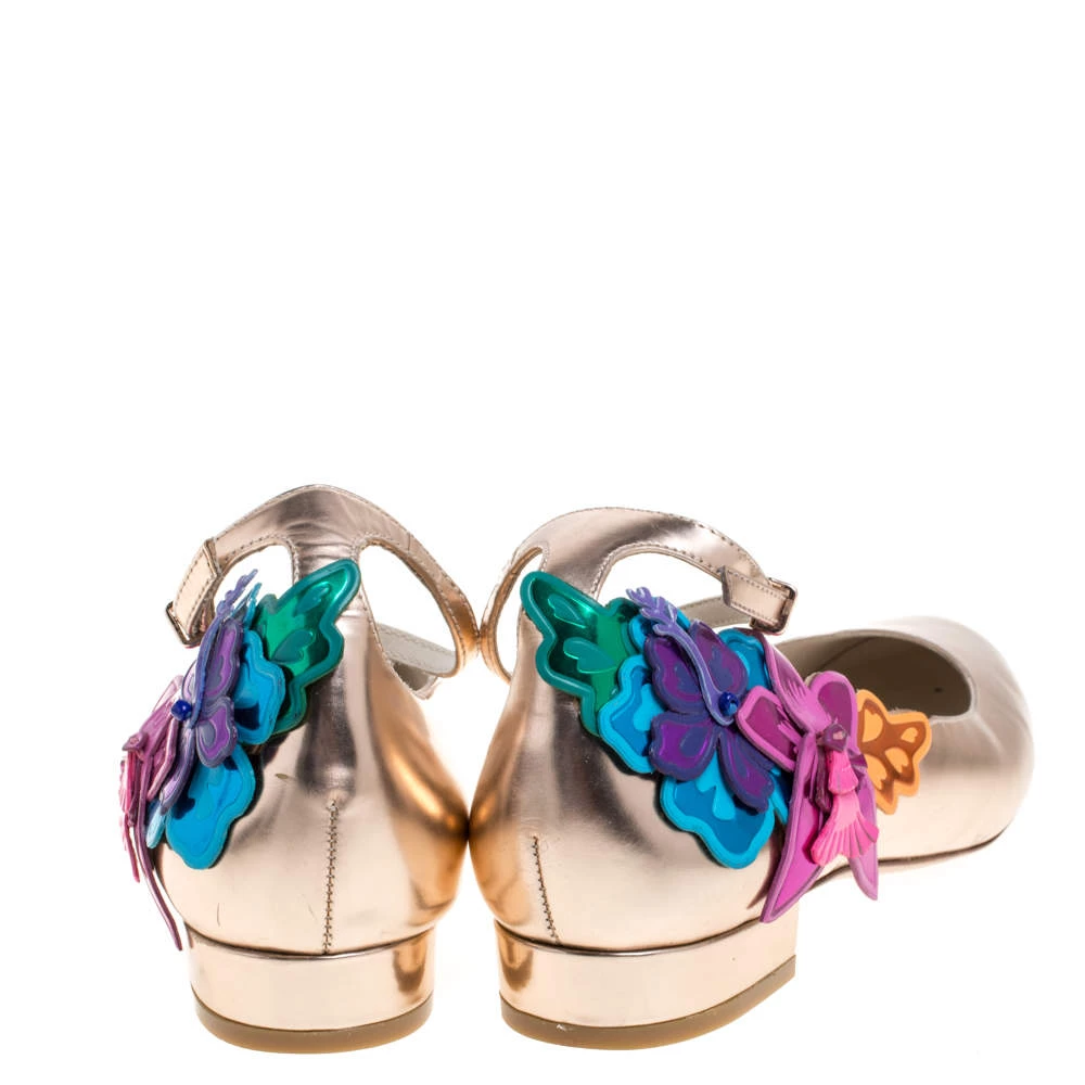 Sophia Webster Metallic Bronze Leather Floral-Applique Ankle-Strap Ballet Flats Size 38 For Women - Image 5