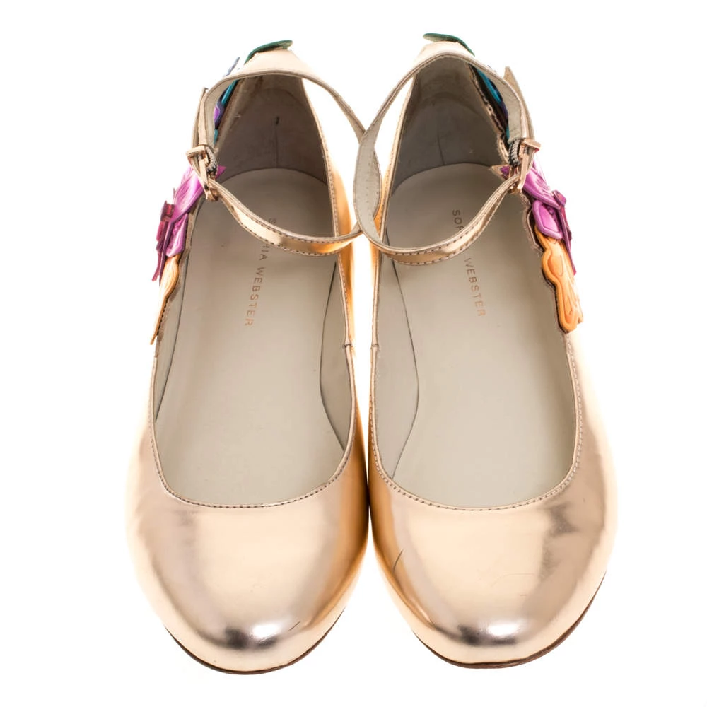 Sophia Webster Metallic Bronze Leather Floral-Applique Ankle-Strap Ballet Flats Size 38 For Women - Image 3
