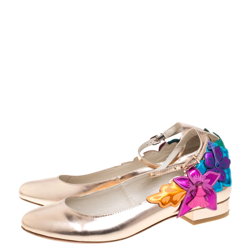 Sophia Webster Metallic Bronze Leather Floral-Applique Ankle-Strap Ballet Flats Size 38 For Women - Image 4