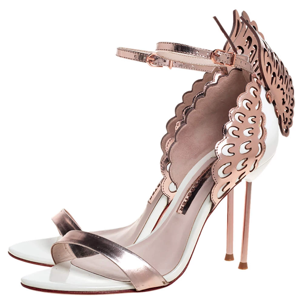 Sophia Webster Rose Gold/White Leather Evangeline Laser Cut Angel Wing Ankle Strap Sandals Size 38.5 For Women - Image 4
