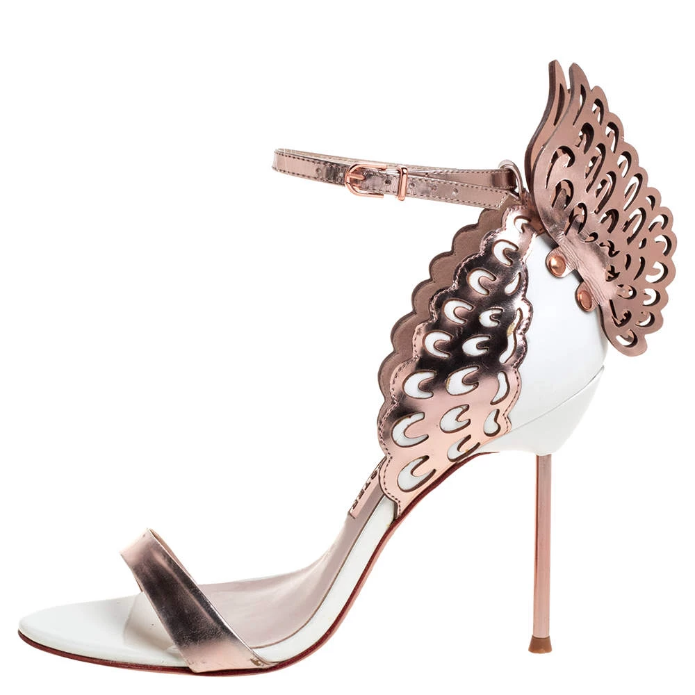 Sophia Webster Rose Gold/White Leather Evangeline Laser Cut Angel Wing Ankle Strap Sandals Size 38.5 For Women - Image 2