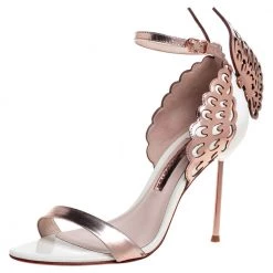 Sophia Webster Rose Gold/White Leather Evangeline Laser Cut Angel Wing Ankle Strap Sandals Size 38.5 For Women