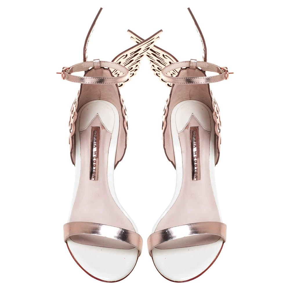 Sophia Webster Rose Gold/White Leather Evangeline Laser Cut Angel Wing Ankle Strap Sandals Size 38.5 For Women - Image 3
