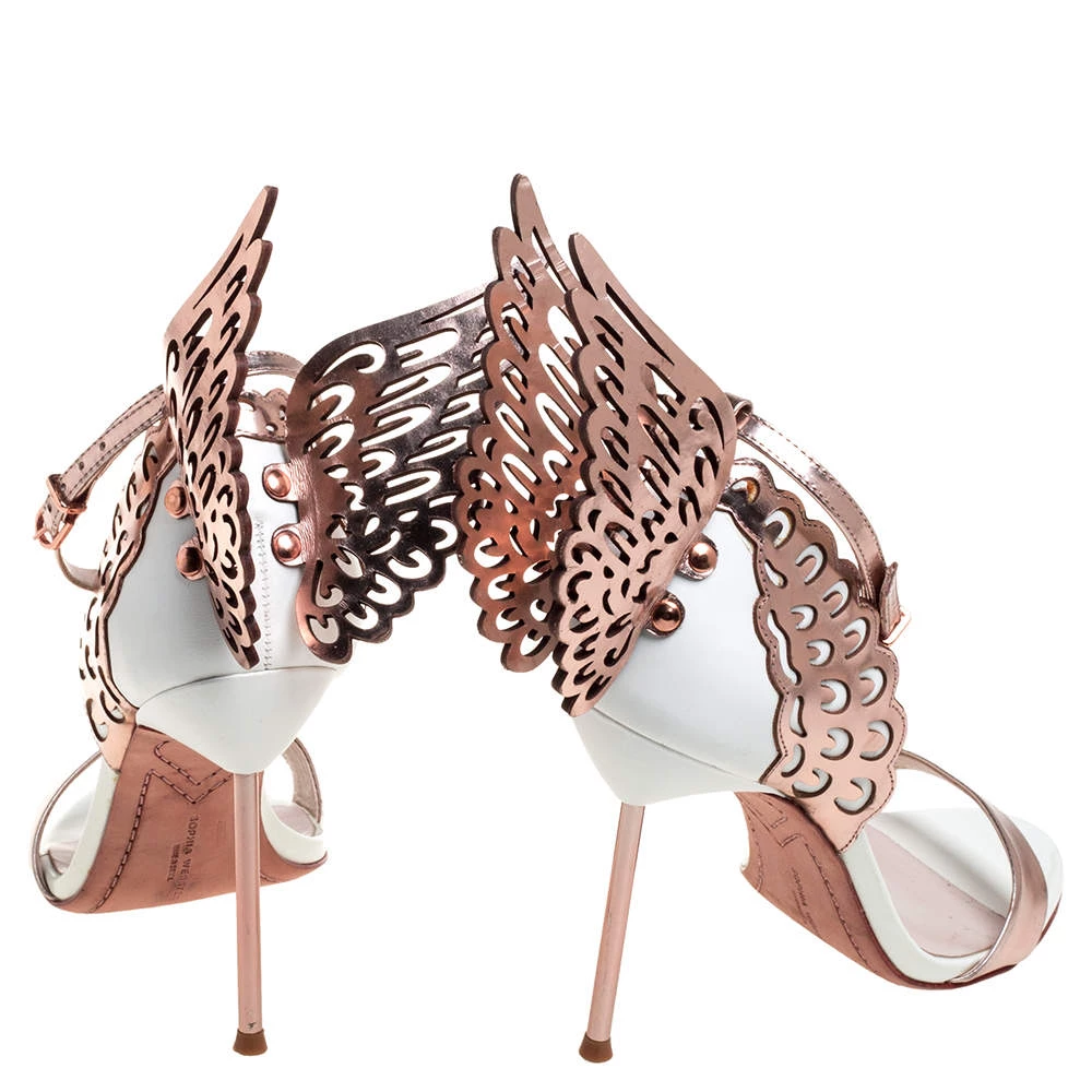 Sophia Webster Rose Gold/White Leather Evangeline Laser Cut Angel Wing Ankle Strap Sandals Size 38.5 For Women - Image 5
