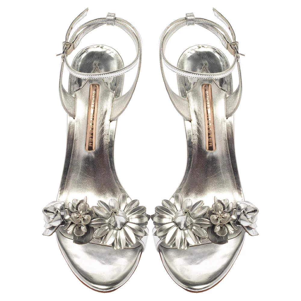 Sophia Webster Silver Foil Leather Lilico Floral Embellished Ankle Wrap Sandals Size 41 For Women - Image 3