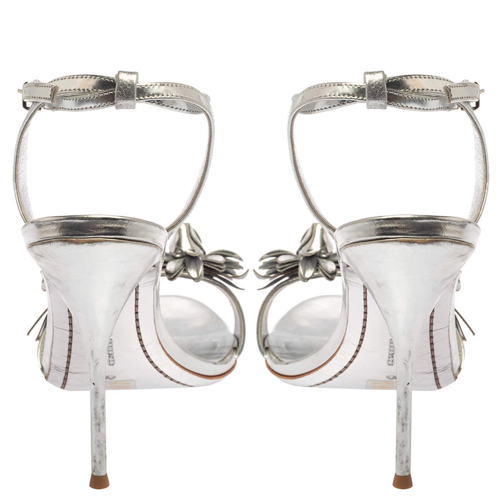 Sophia Webster Silver Foil Leather Lilico Floral Embellished Ankle Wrap Sandals Size 41 For Women - Image 5