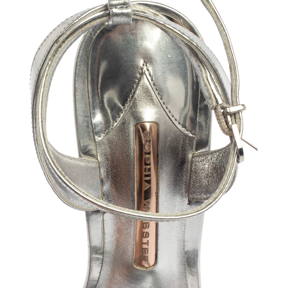 Sophia Webster Silver Foil Leather Lilico Floral Embellished Ankle Wrap Sandals Size 41 For Women - Image 7