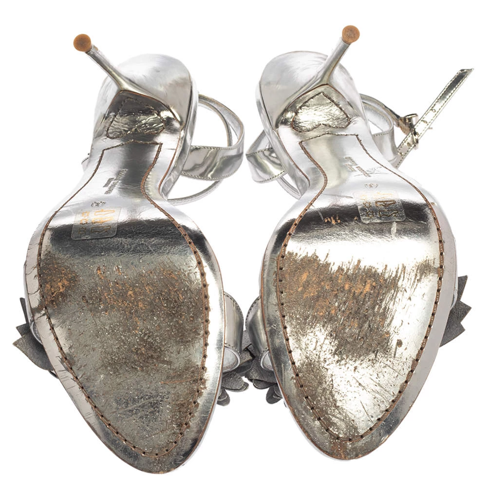 Sophia Webster Silver Foil Leather Lilico Floral Embellished Ankle Wrap Sandals Size 41 For Women - Image 6