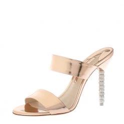 Sophia Webster Rose Gold Foil Leather Crystal Embellished Heel Slide Mules Size 39 For Women