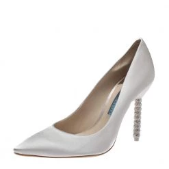Sophia Webster White Ivory Satin Coco Crystal Embellished Heel Pumps Size 40 For Women