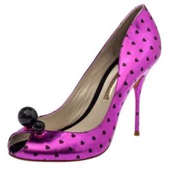 Sophia Webster Metallic Purple Heart Print Leather Loren Peep Toe Pumps Size 41 For Women