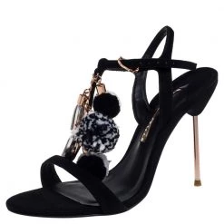 Sophia Webster Black Suede Layla Pom Pom Embellished T-Strap Sandals Size 40 For Women