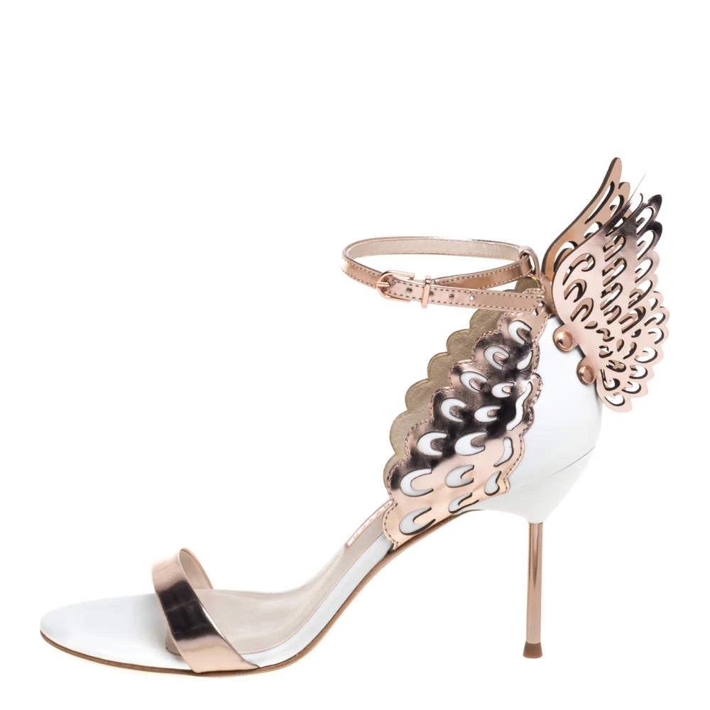 Sophia Webster Rose Gold/White Leather Evangeline Laser Cut Angel Wing Ankle Strap Sandals Size 39.5 For Women - Image 2