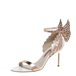 Sophia Webster Rose Gold/White Leather Evangeline Laser Cut Angel Wing Ankle Strap Sandals Size 39.5 For Women