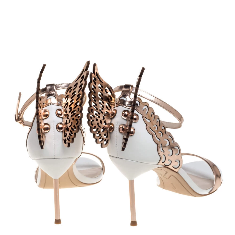 Sophia Webster Rose Gold/White Leather Evangeline Laser Cut Angel Wing Ankle Strap Sandals Size 39.5 For Women - Image 5