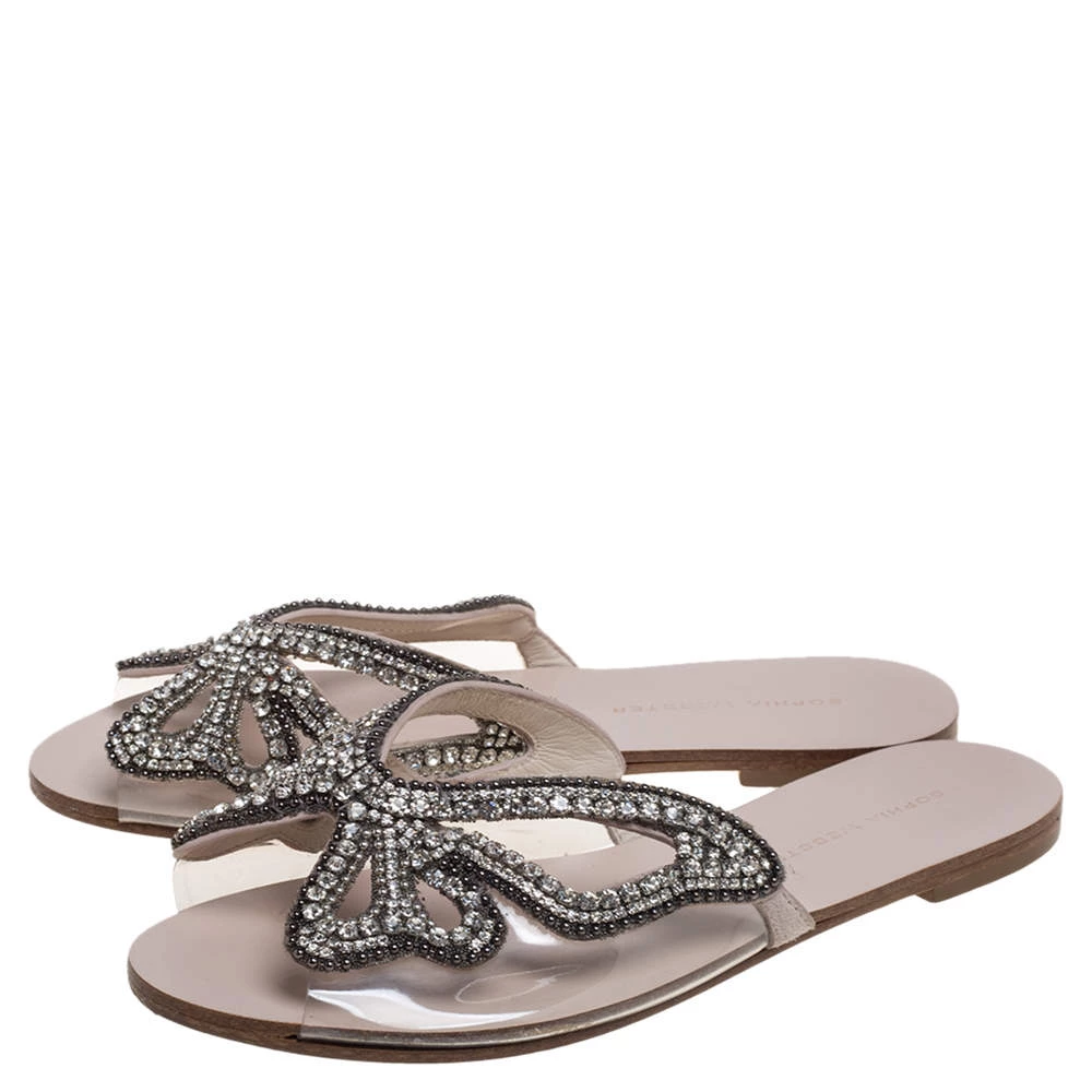 Sophia Webster Beige Butterfly Crystal Embellished Suede And PVC Madame Flat Sandals Size 36 For Women - Image 4