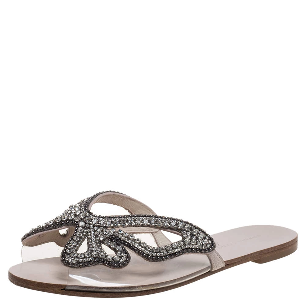 Sophia Webster Beige Butterfly Crystal Embellished Suede And PVC Madame Flat Sandals Size 36 For Women