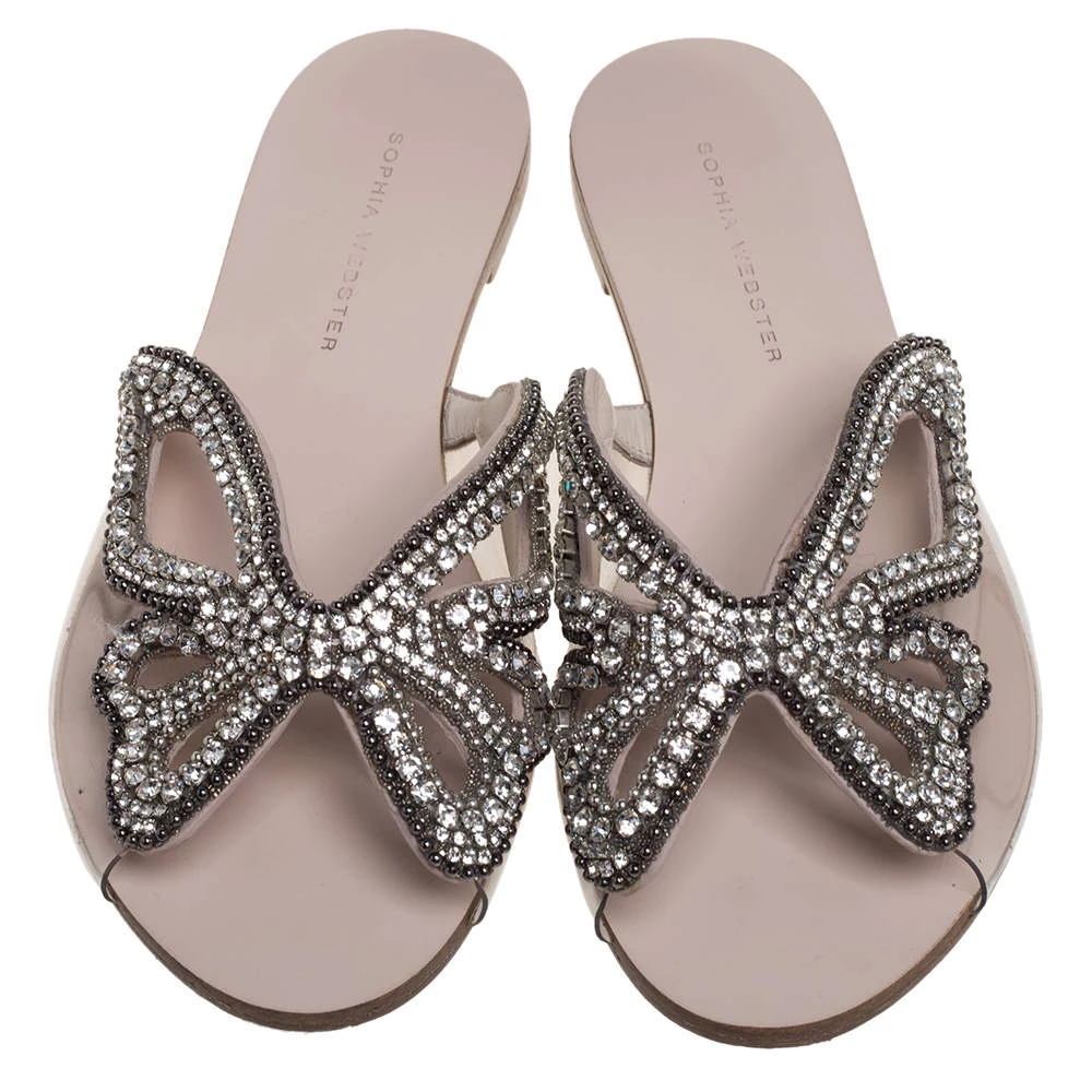 Sophia Webster Beige Butterfly Crystal Embellished Suede And PVC Madame Flat Sandals Size 36 For Women - Image 3