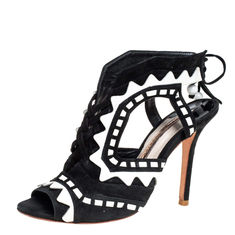 Sophia Webster Black/White Suede And Patent Leather Riko Cut Out Sandals Size 38 For Women