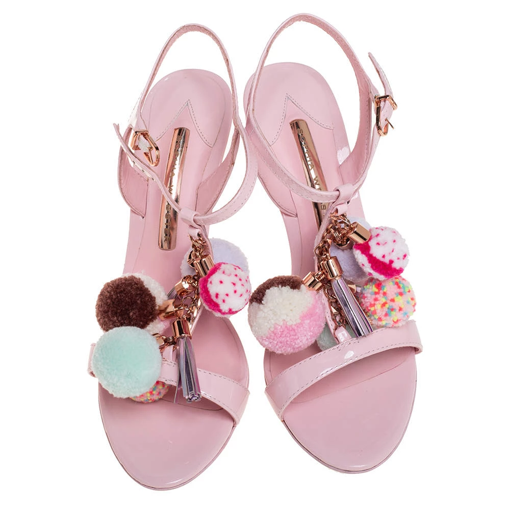 Sophia Webster Pink Patent Leather Layla Pom Pom Embellished T Strap Sandals Size 38 For Women - Image 3