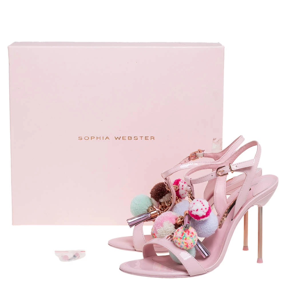 Sophia Webster Pink Patent Leather Layla Pom Pom Embellished T Strap Sandals Size 38 For Women - Image 8
