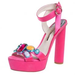 Sophia Webster Pink Satin Amanda Crystal Embellished Platform Ankle Strap Sandals Size 40 For Women
