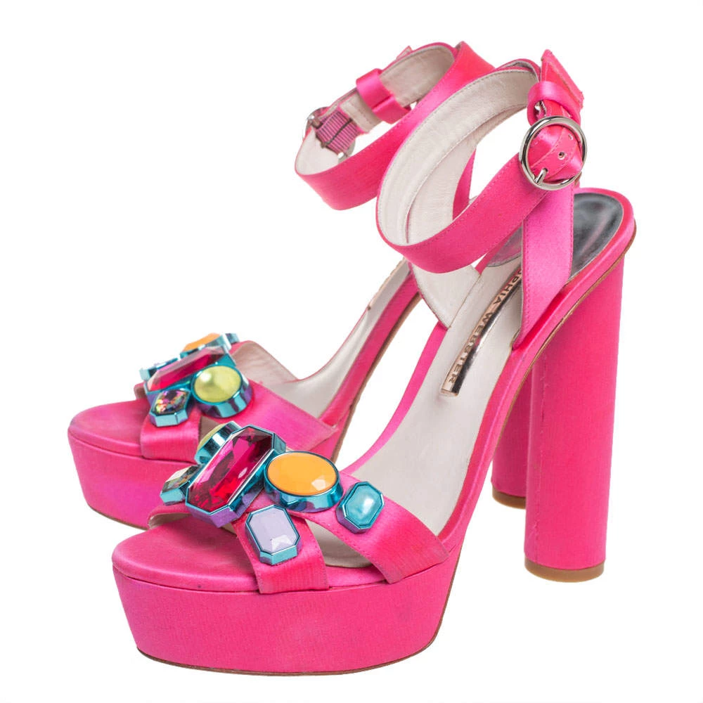 Sophia Webster Pink Satin Amanda Crystal Embellished Platform Ankle Strap Sandals Size 40 For Women - Image 4