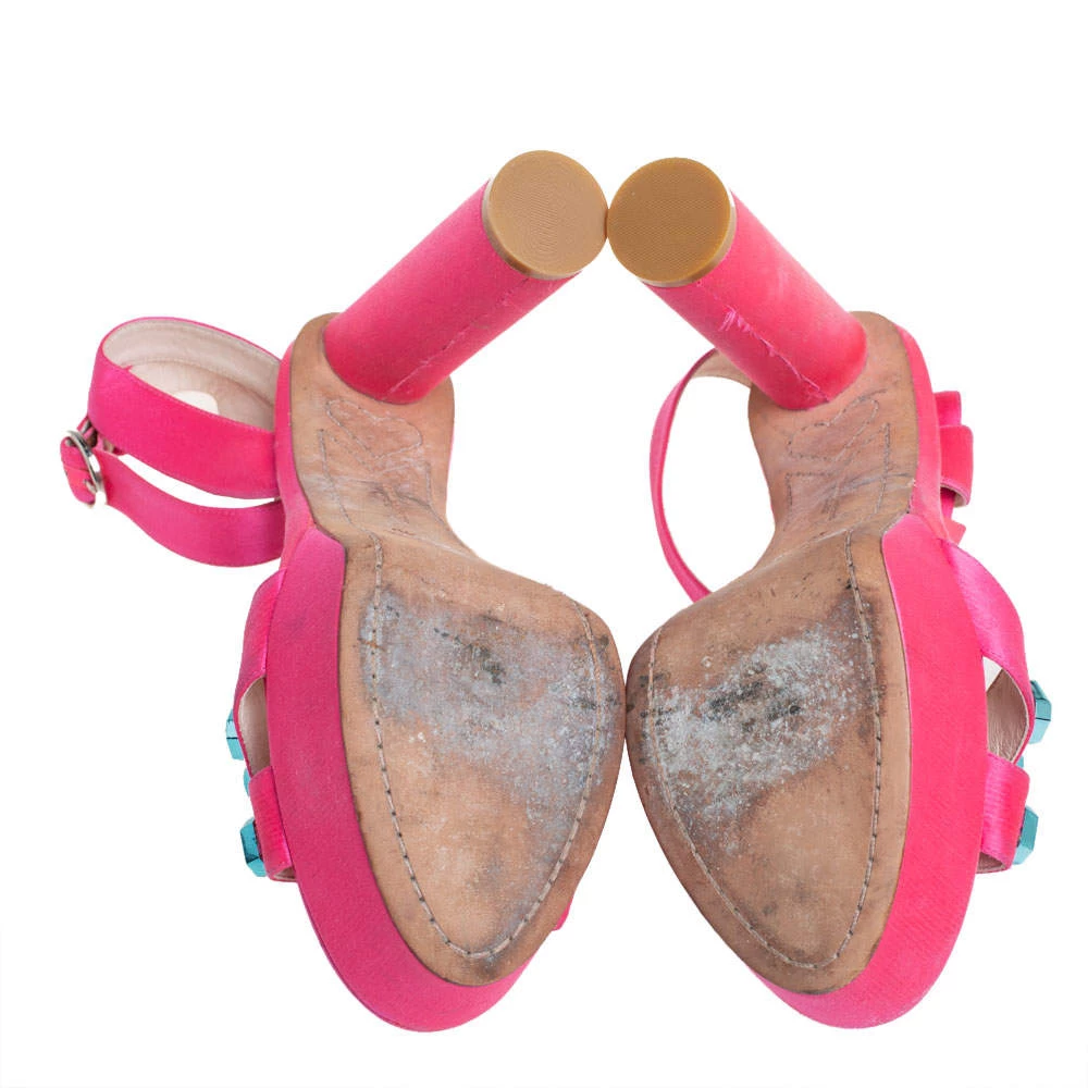Sophia Webster Pink Satin Amanda Crystal Embellished Platform Ankle Strap Sandals Size 40 For Women - Image 6