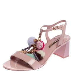 Sophia Webster Pink Patent Leather Juno Pom Pom Embellished Ankle Strap Sandals Size 41 For Women