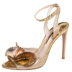 Sophia Webster Metallic Gold Leather And Shimmery Fabric Ankle Strap Sandals Size 39 For Women
