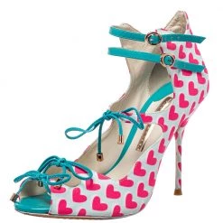 Sophia Webster Pink/Blue Heart Print Canvas And Patent Leather Sandals Size 38.5 For Women