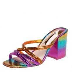 Sophia Webster Multicolor Python Embossed Leather Block Heel Slide Sandals Size 37.5 For Women
