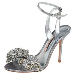Sophia Webster Silver Leather Crystal Embellished Slingback Sandals Size 36.5 For Women