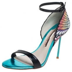 Sophia Webster Black Patent Leather And Peacock Print Fabric Flutura Ankle Strap Sandals Size 38 For Women