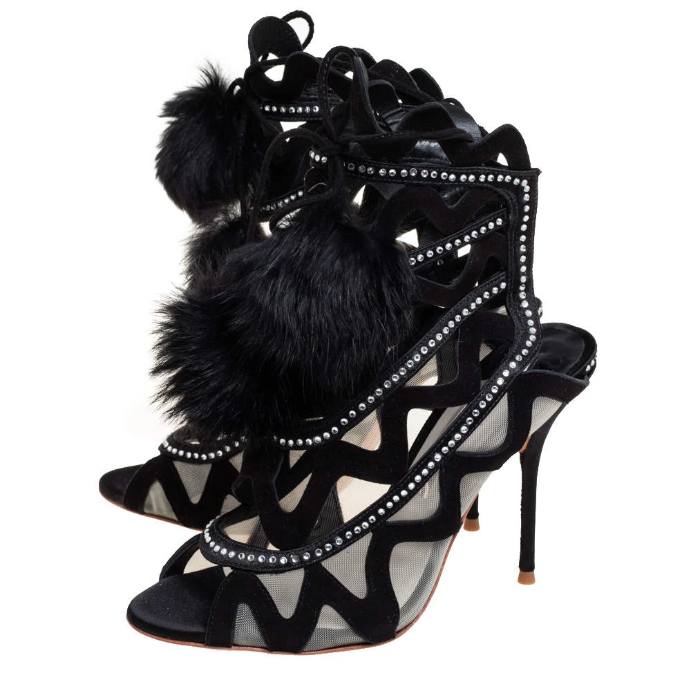Sophia Webster Black Suede And Mesh Crystal Embellished Mila Sandals Size 38.5 For Women - Image 4