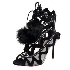 Sophia Webster Black Suede And Mesh Crystal Embellished Mila Sandals Size 38.5 For Women