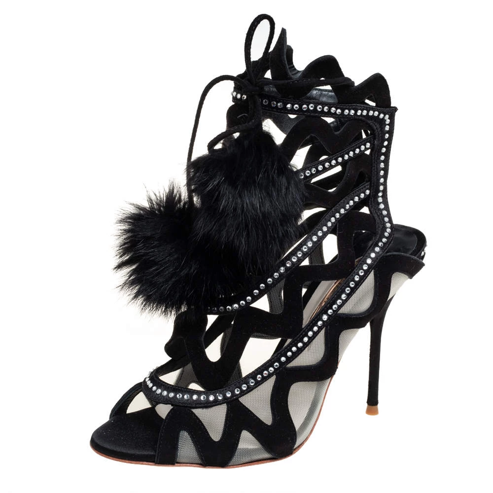 Sophia Webster Black Suede And Mesh Crystal Embellished Mila Sandals Size 38.5 For Women