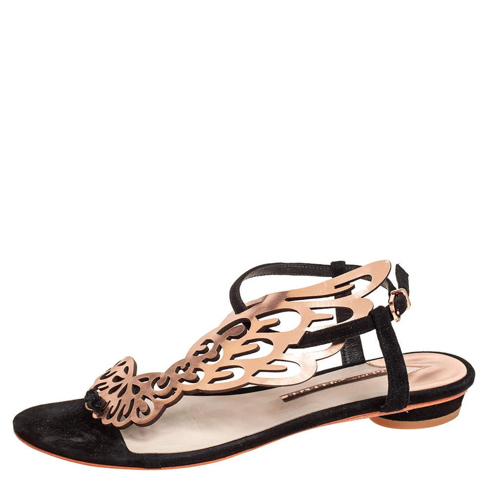 Sophia Webster Gold/Black Patent Leather And Suede Bibi Butterfly Flat Sandals Size 38 For Women - Image 2