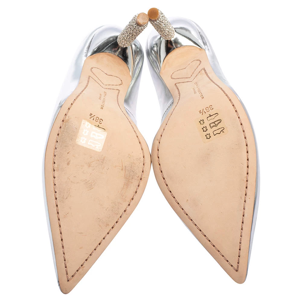 Sophia Webster Metallic Silver Patent Leather Coco Embellished Pointed Toe Pumps Size 38.5 For Women - Image 6