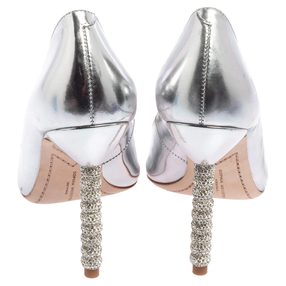 Sophia Webster Metallic Silver Patent Leather Coco Embellished Pointed Toe Pumps Size 38.5 For Women - Image 5